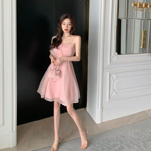 Sheer Panel Strappy A-line Dress (Pastel Pink) - Picture 3 of 3